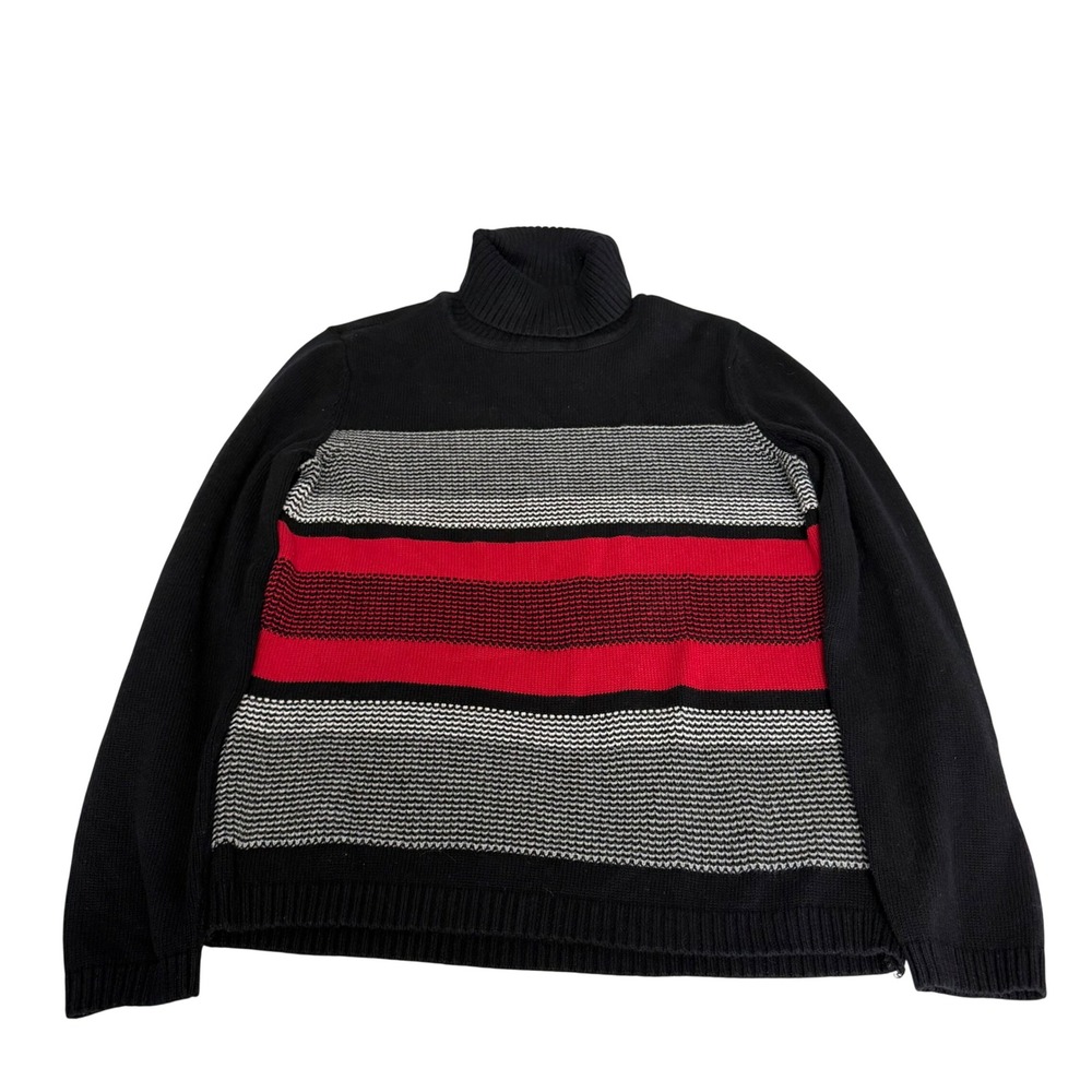 Karen Scott Sweater Turtleneck Striped Women Medium Black Red Cotton Classic